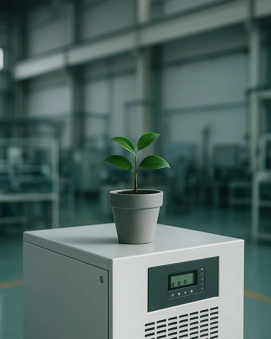 A small plant in a grey pot on top of a white UPS backup cabinet on the shop floor
